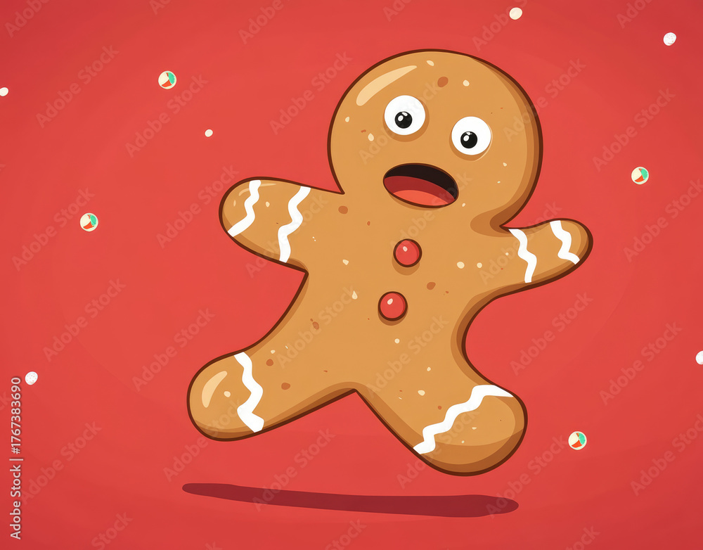 Obraz premium Cute Scared Cartoon Christmas Gingerbread Man Running on a Red Background