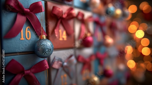 Colorful advent calendar with numbered boxes and decorative ornaments. Soft bokeh lights in the background create a festive atmosphere.