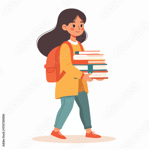 A young girl with a backpack walks while carrying a stack of books.