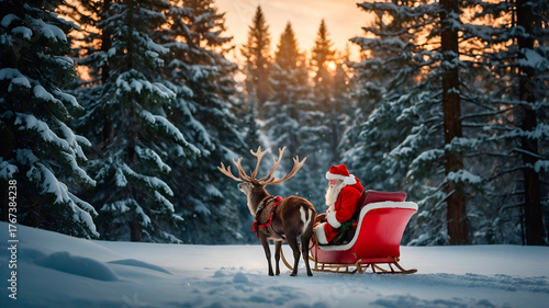 A red-nosed reindeer pull a sleigh with Santa Claus riding inside. Snowy winter scene, cinematic lighting, photorealistic festive Christmas mood.