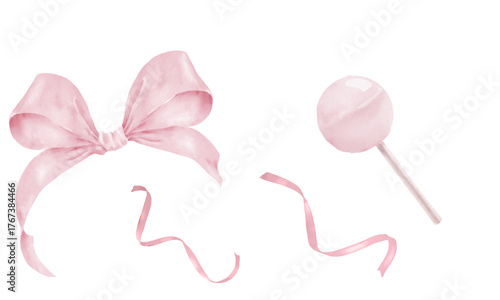 Cute pink bow and lollipop. Watercolor digital illustration. The set, the concept of a girl with bows and sweets, is isolated on a white background. For birthdays, holidays, and children's textiles.
