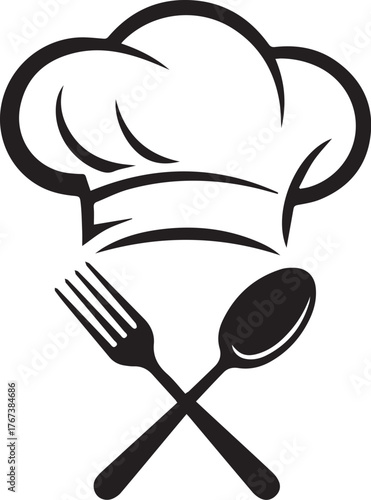 Culinary iconography crossed fork spoon and chef hat symbolizing gastronomy restaurant kitchen professional chef cooking expertise and food service industry vector