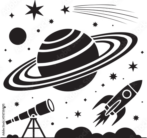 Celestial exploration cosmic scene with planet rocket telescope stars and meteor shower for space adventure designs vector