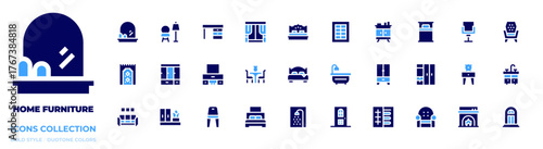 Home furniture icon collection. Bold style. Duotone colors. single bed, chair, wardrobe, nightstand, closet, fireplace, underfloor heating, couch, desk, rug