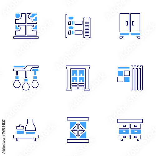 Home furniture icon set. Bold line style. Duotone colors. Editable stroke. bunk bed, furniture, closet, window, cabinet, shelf, chandelier