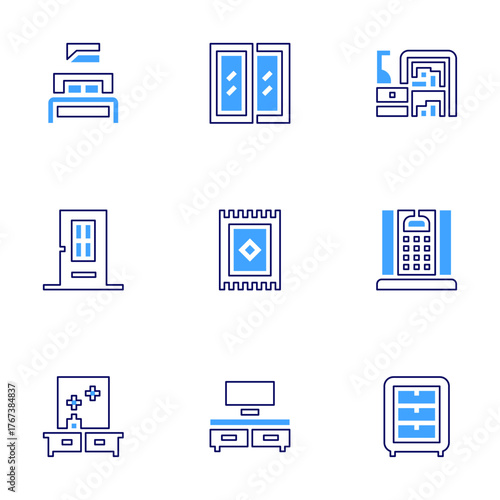 Home furniture icon set. Bold line style. Duotone colors. Editable stroke. chest of drawers, window, carpet, double bed, door, dressing table, tv table, library, shower