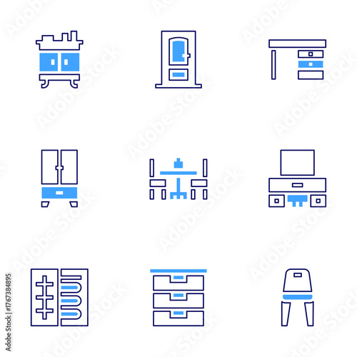 Home furniture icon set. Bold line style. Duotone colors. Editable stroke. door, table, drawer, desk, dressing table, wardrobe, chair, closet, underfloor heating