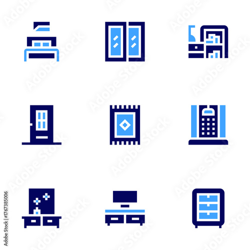 Home furniture icon set. Bold style. Duotone colors. chest of drawers, window, carpet, double bed, door, dressing table, tv table, library, shower