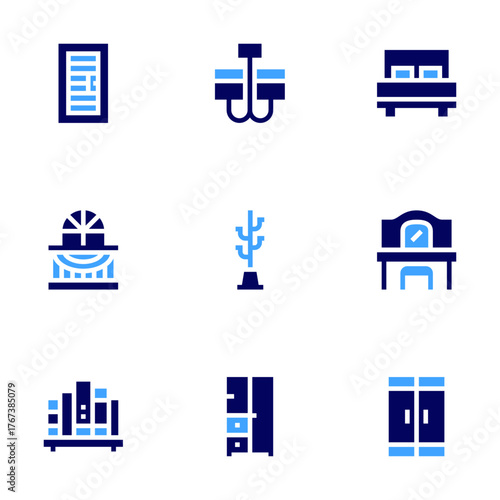 Home furniture icon set. Bold style. Duotone colors. double bed, dressing table, chandelier, wardrobe, clothes hanger, door, balcony, bookshelf
