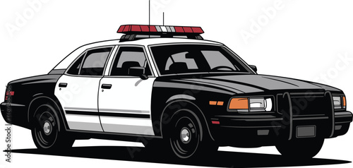 Black and white police car with red light bar law enforcement