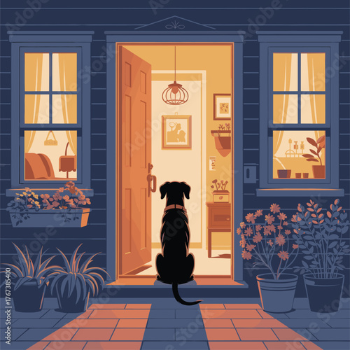 Black dog sits at open doorway at dusk with warm light