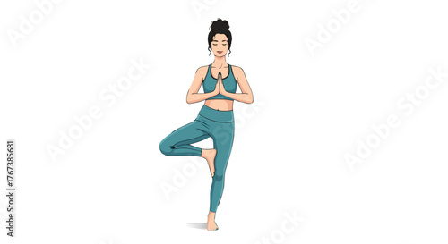 Young woman practicing yoga in tree pose on white background  