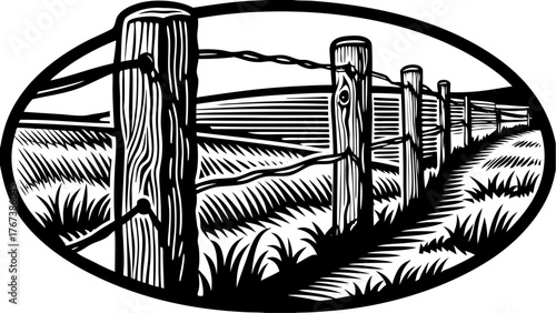 Rustic charm of countryside fence art, a timeless scene of rural life and agricultural heritage in a classic monochrome design, originally vector graphics