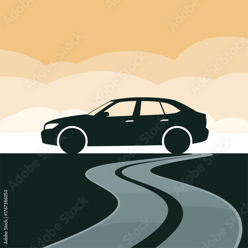 Dark sedan car on winding road against cloudy sky vehicle