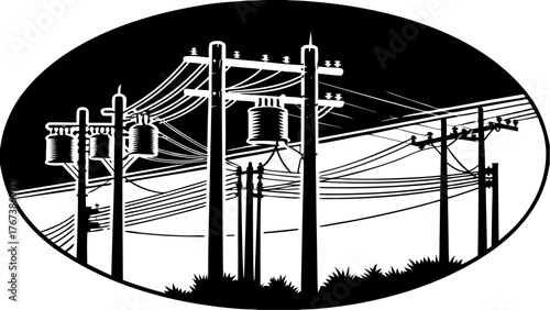 Power lines and utility poles create an industrial energy grid, illustrating electricity infrastructure and distribution with stark monochrome contrast, potentially from vector art