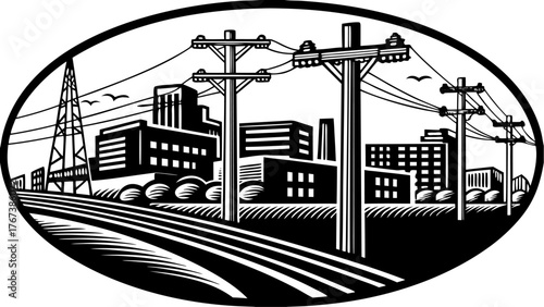 Monochrome industrial city skyline with power lines in bold illustration style evoking progress, perfect for retro designs or infrastructure projects