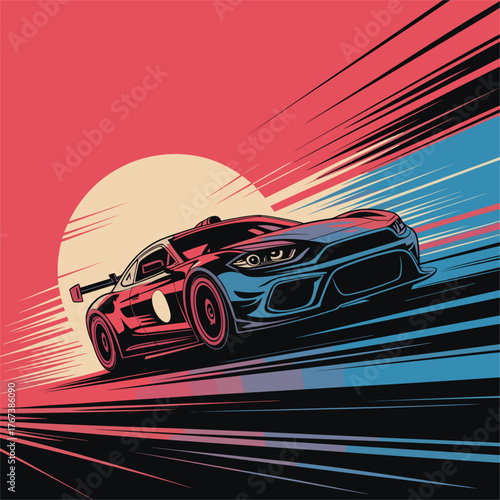 Blue and red sports car speeding with motion blur racing car