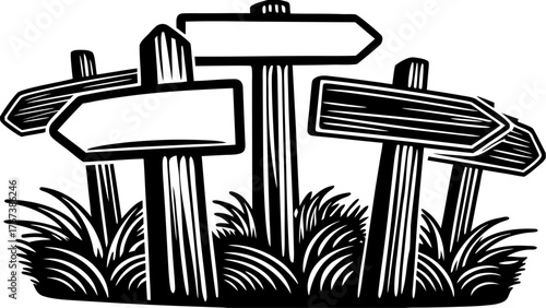 Rustic wooden signposts pointing the way, perfect for outdoor adventures, camping, or nature trails, inspiring exploration and discovery, originally a vector graphic