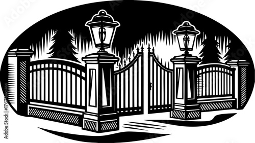 Elegant gated entrance with classic lanterns, perfect for upscale residences or secure communities, conveying exclusivity and timeless architectural design