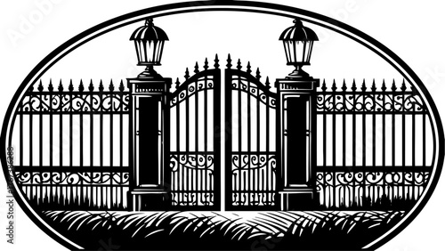 Elegant wrought iron gate with vintage lanterns for estate entrance, adding a touch of old-world charm and timeless sophistication to any property design