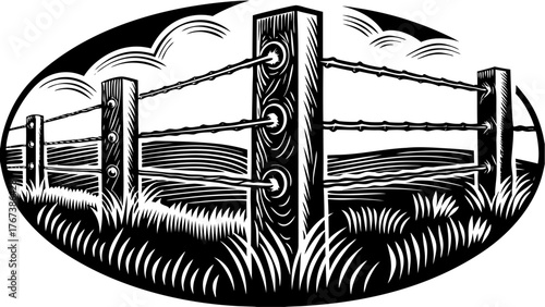 Rustic charm meets rural landscapes in this woodcut style fence art, ideal for adding vintage appeal to your next project with its timeless country aesthetic