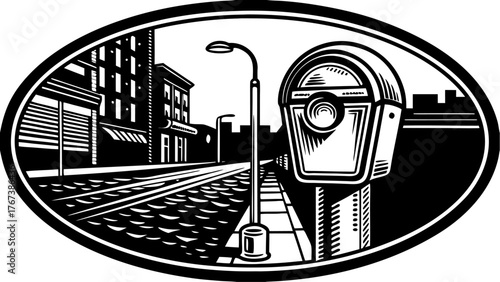 Vintage cityscape illustration featuring a classic parking meter, street lamp, and buildings, evoking nostalgia and urban charm for retro designs and graphics