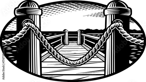 Intricate pier illustration with detailed rope accents evokes coastal charm and seaside serenity, ideal for nautical designs and serene vacation themes