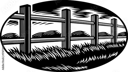 Rustic charm in black and white, a vintage fence illustration evoking simpler times, perfect for nature-themed designs and nostalgic projects, scalable too