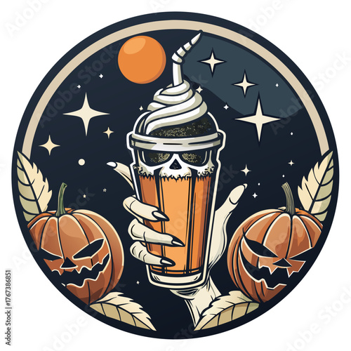 Unique design of a skeleton hand holding an iced coffee, surrounded by small pumpkins and scattered white stars