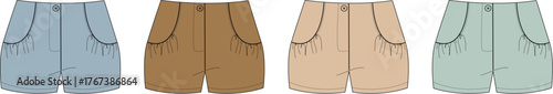 Four pairs of shorts in different colors light blue, brown, beige, and mint green