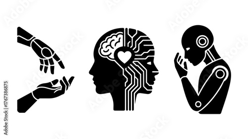 Illustrations depicting the integration of artificial intelligence with the human mind, showcasing concepts such as robotics, technology, and the fusion of human and machine