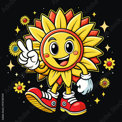 cheerful cartoon sunflower character radiating positivity against a black, star-speckled backdrop, giving peace sign