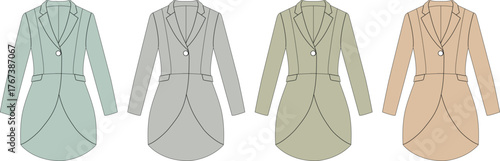 Set of women's formal long jackets or tailcoats shown in a variety of soft pastel colors. Fashion design technical flat sketch for apparel