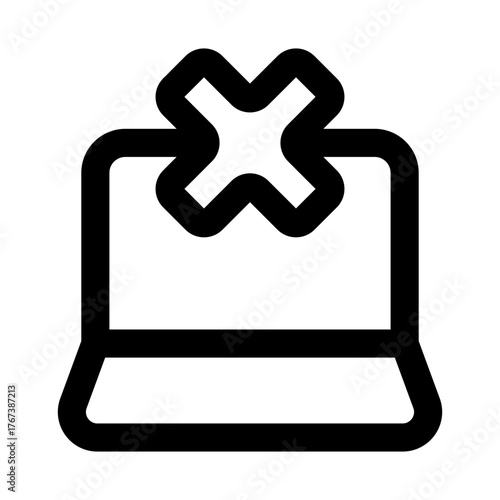 No Work, Laptop with Cross Sign icon in modern flat outline style illustrating system error, access restriction, and unavailable digital service concept