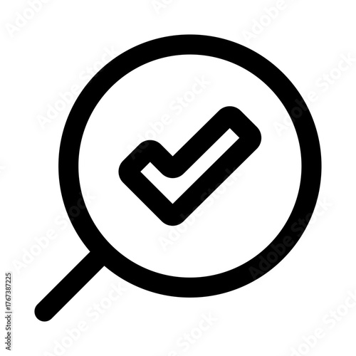 Search with Checkmark icon in modern flat outline style illustrating verified results, confirmed lookup, and accurate discovery concept