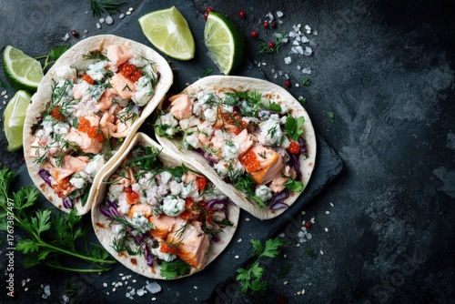 Gourmet salmon tacos artfully arranged with fresh herbs and lime wedges on a textured black slate plate illustrating culinary creativity and modern eating trends
