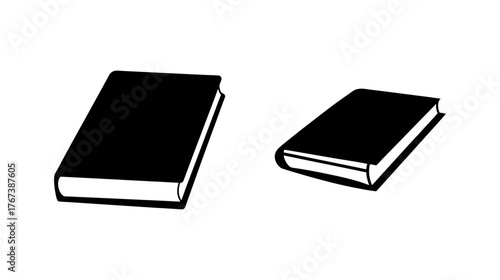 Two simple black books one standing up one lying down isolated on white