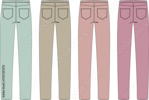 A versatile collection of women's classic straight-leg trousers in four pastel colors. Fashion flat technical sketch showing the back view of pants for apparel design mockups