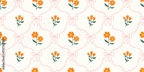 Photos Coquette Floral trellis seamless pattern with bows and ribbons