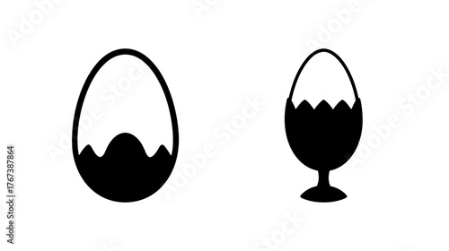 Two simplified cartoon eggs one in an egg cup ready for breakfast