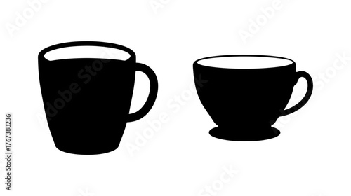 Two black coffee cups and teacups isolated on white for your design needs