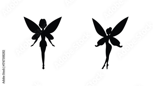Two silhouette fairies dancing with delicate wings enchanting magical beings fluttering gracefully