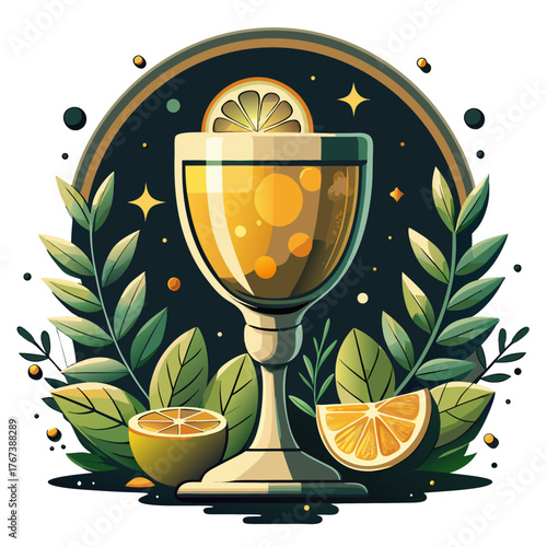 glass goblet filled with effervescent lemon juice, in the background, twined leaves