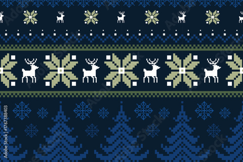 Christmas and New Year.  Christmas seamless ethnic pattern. Christmas ethnic pixel pattern with Nordic flowers, reindeers, pine trees, baubles, bell, present for winter hats, ugly sweaters and jumper.