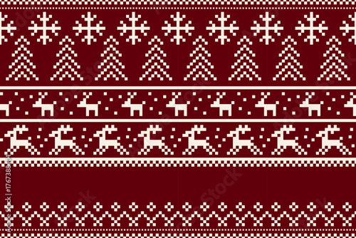 Christmas and New Year.  Christmas seamless ethnic pattern. Christmas ethnic pixel pattern with Nordic flowers, reindeers, pine trees, baubles, bell, present for winter hats, ugly sweaters and jumper.
