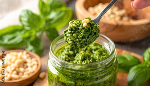 Vibrant green pesto sauce with basil and pine nuts ready to be savored in a jar
