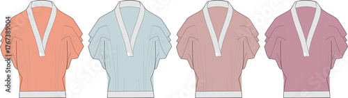 Four different colored polo shirts laid out in a row, presented in a flat lay style