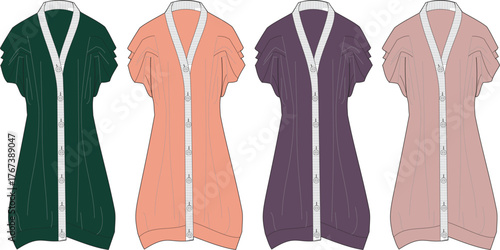 Collection of women's short sleeve V-neck cardigans in four color options. Apparel design technical flat sketch vector template