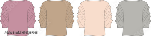 Fashion flat lay of four casual knit sweater dresses in different pastel colors, displayed from front view on a white background