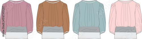 Chic collection of women's gathered neck blouses with long puff sleeves. Vector fashion flat sketch set in four color variations